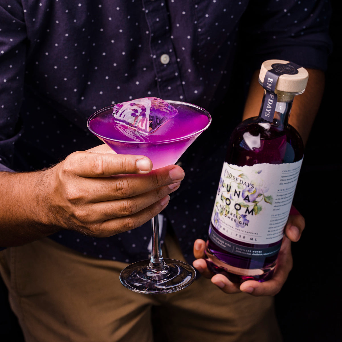 Person holding a purple Luna Bloom gin martini next to a bottle of Luna Bloom