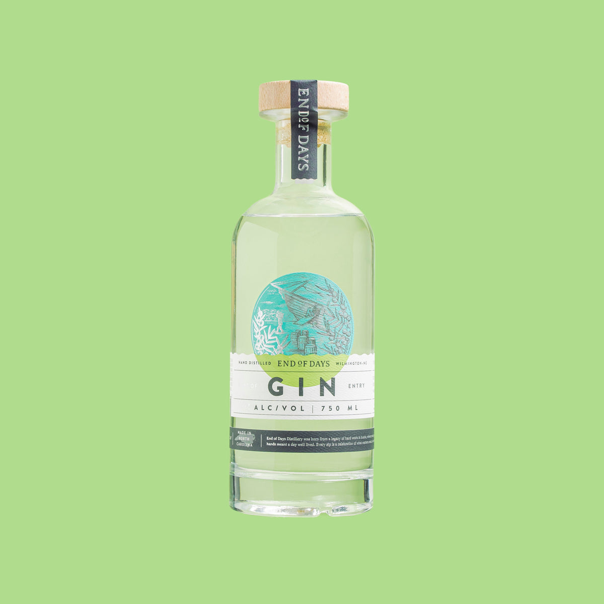 Port of Entry Gin 750ml bottle, a craft gin from End of Days Distillery, on a light green background