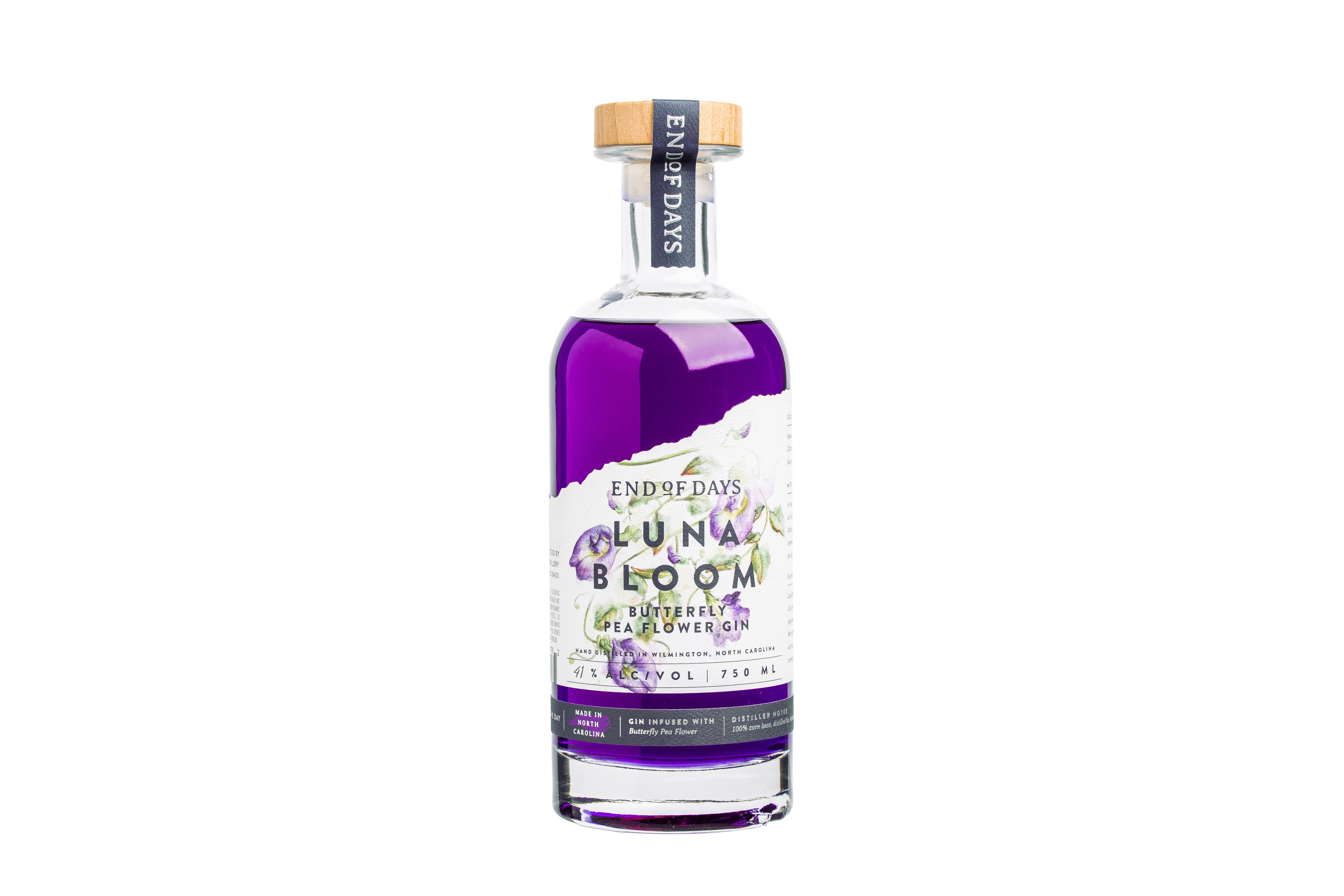 Bottle of Luna Bloom Butterfly Pea Flower Gin on a white background