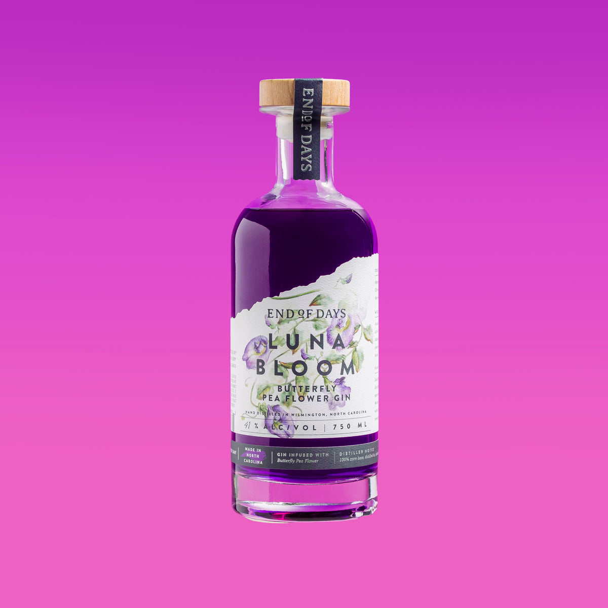 Luna Bloom Butterfly Pea Flower Gin 750ml bottle, a deep purple craft gin from End of Days Distillery